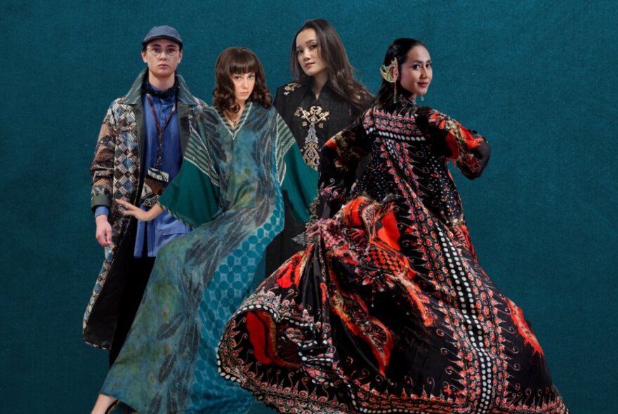 Fashion models wearing designs featuring flowing Indonesian textiles.