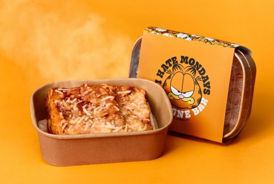 Garfield-branded lasagne portion in takeaway box.