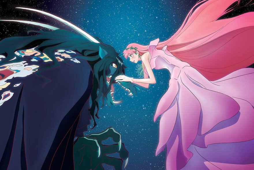 Still from a Japanese Anime movie showing a bright pink fairy bestowing graces upon a dark, horned devil figure.