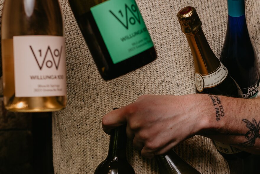 A person's torso showing them carrying many bottles of wine. 