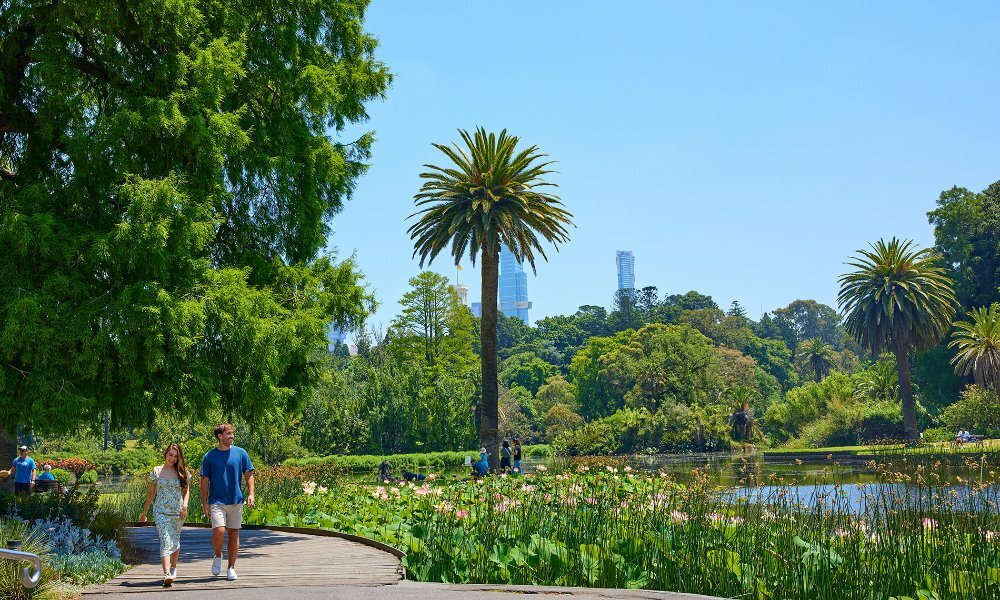 A couple walking beside a lake in a city park.