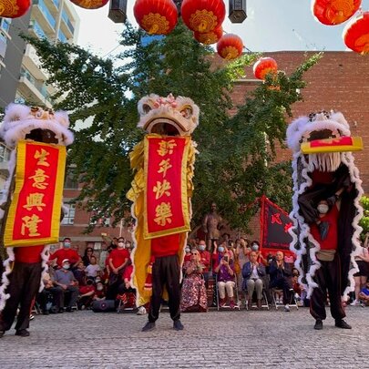 A Chinese Lion Dance with three performers and a crowd looking on. 