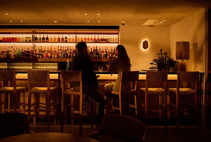 Two people seated on high chairs at a dimly-lit bar. 
