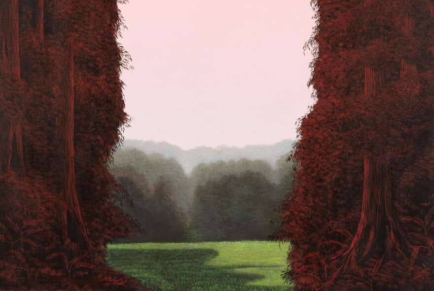 Hyper-realistic landscape artwork with trees and grass.