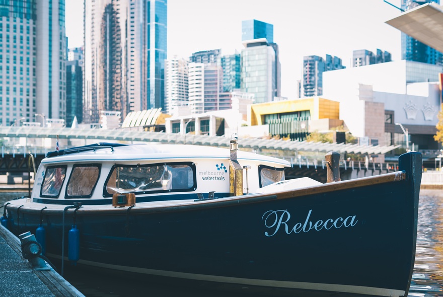 Melbourne Water taxi vessel moored at Docklands.
