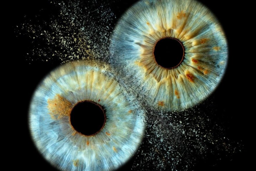 An image of two different irises (coloured parts of the eye) next to each other on a black background.