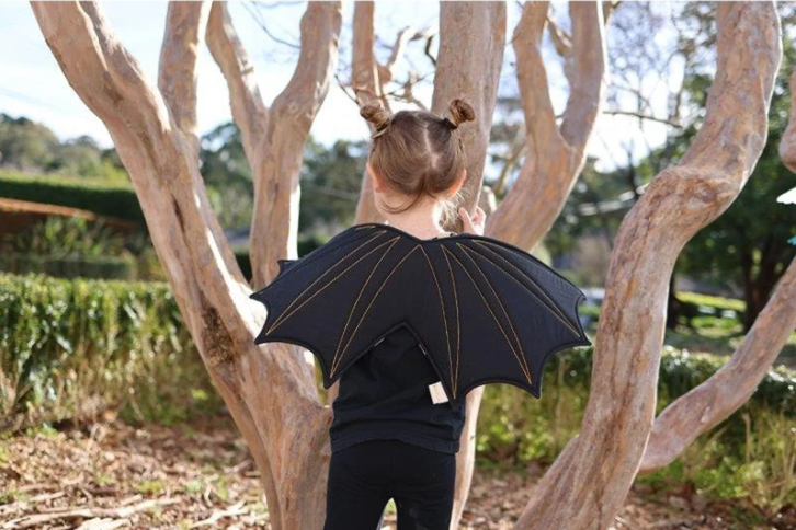 A little girl wearing a bat wing costume.