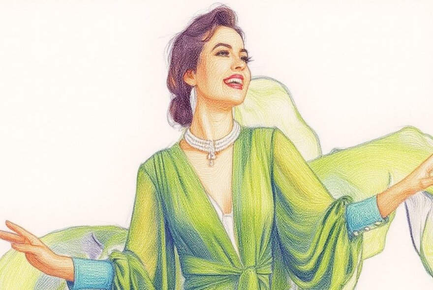 An illustration of a glamorous young woman wearing a green gown and pearl choker, smiling and with her arms outstretched.