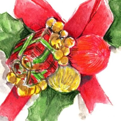 Festive drawing of holly wreath with bow and gift ornament.