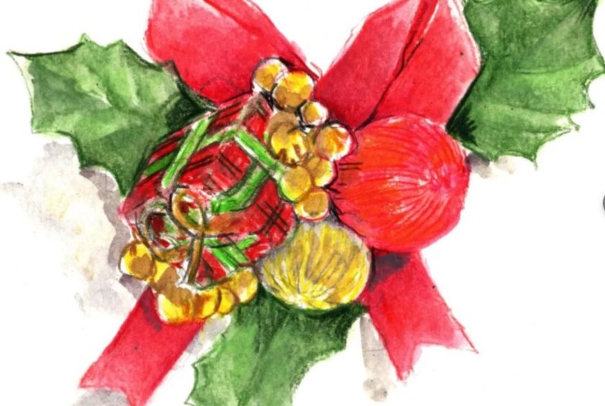 Festive drawing of holly wreath with bow and gift ornament.