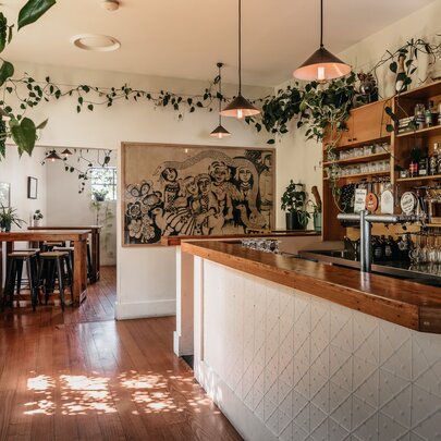 Bar area in a bistro with climbing plants stretching along one line, pendant lights over wooden counter.