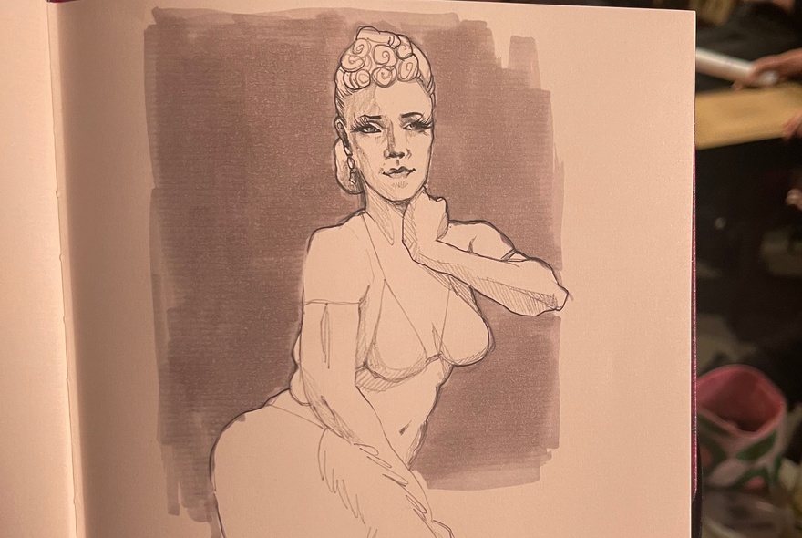 A drawing of a woman posing in a bikini top. 