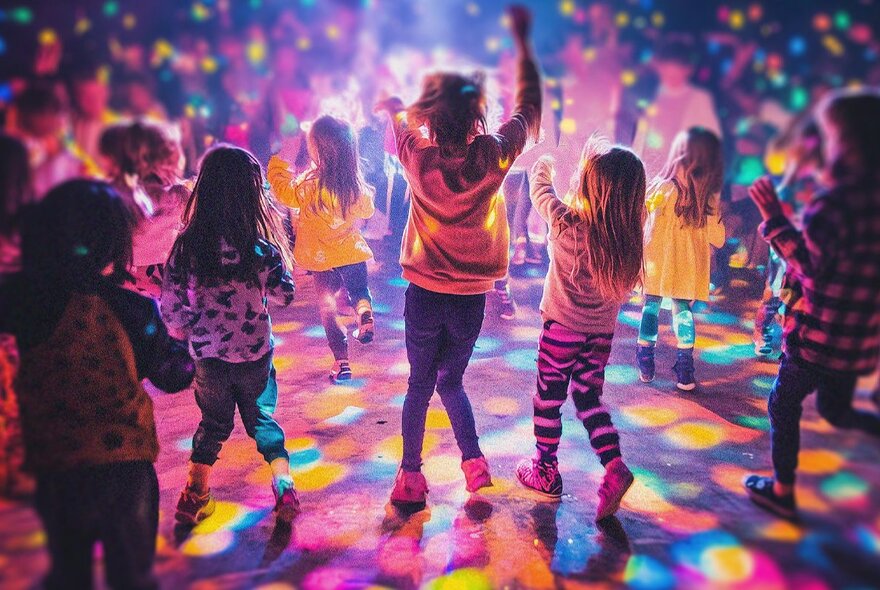 Children dancing on a disco-lit dance floor.