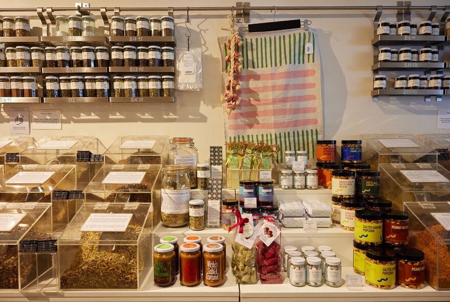 A display of spices in a store.