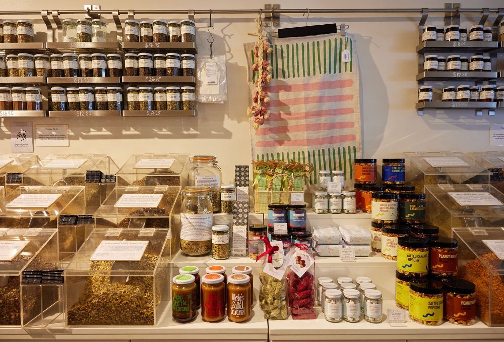 A display of spices in a store.