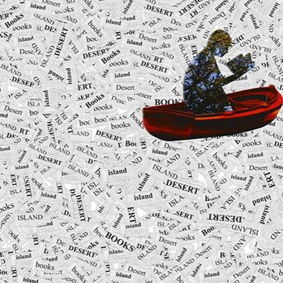 Collage of a person sitting in a small red boat and reading a book, floating on a sea made of scattered words and text clippings like 'desert' and 'books'.