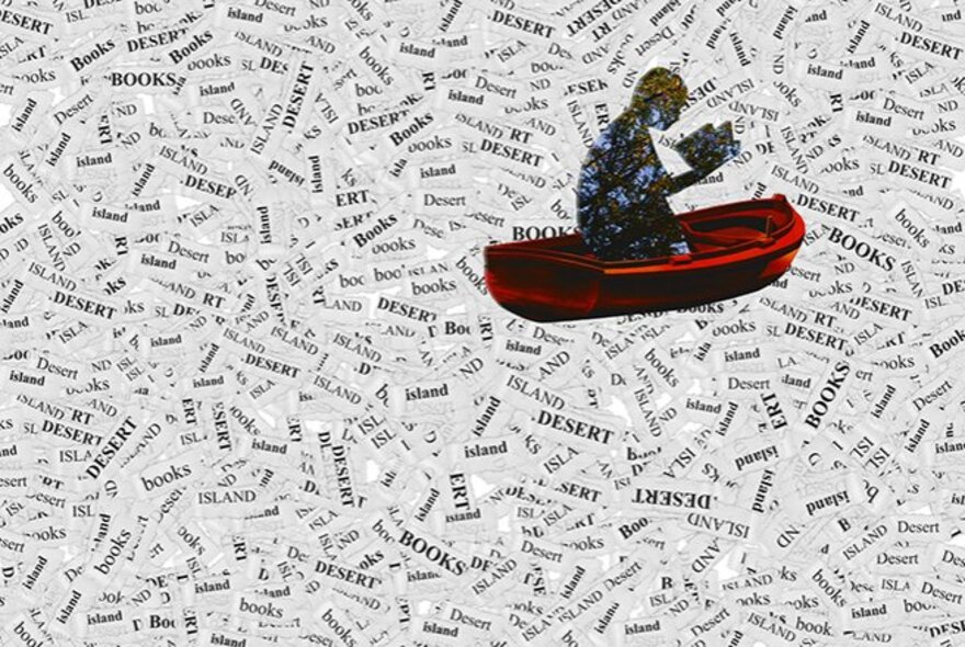 Collage of a person sitting in a small red boat and reading a book, floating on a sea made of scattered words and text clippings like 'desert' and 'books'.