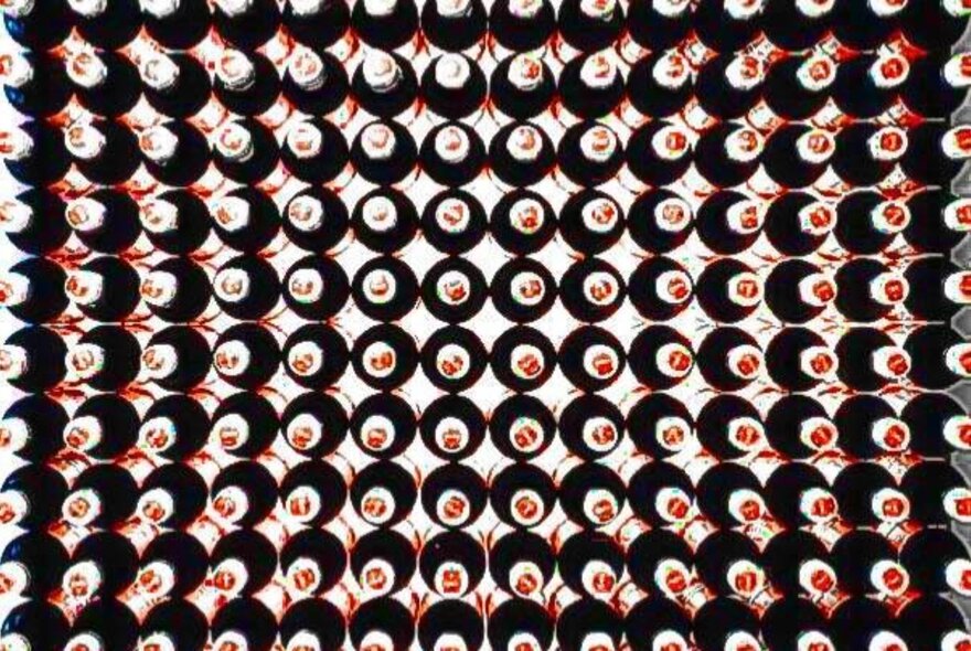 Stacked soft drink bottles.