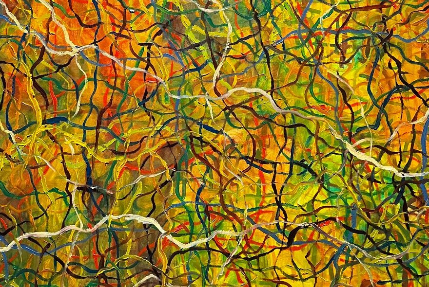 Artwork by Matthew Simpson showing a tangle of coloured lines. 