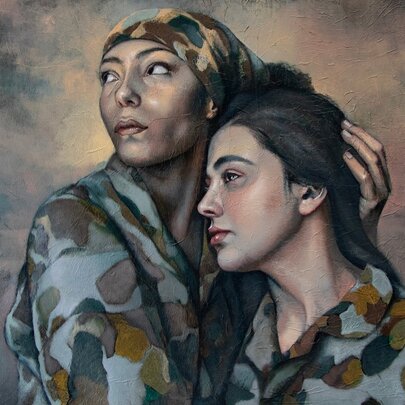 An oil painting depicting two women as war-time solders, one holding the other in an embrace.