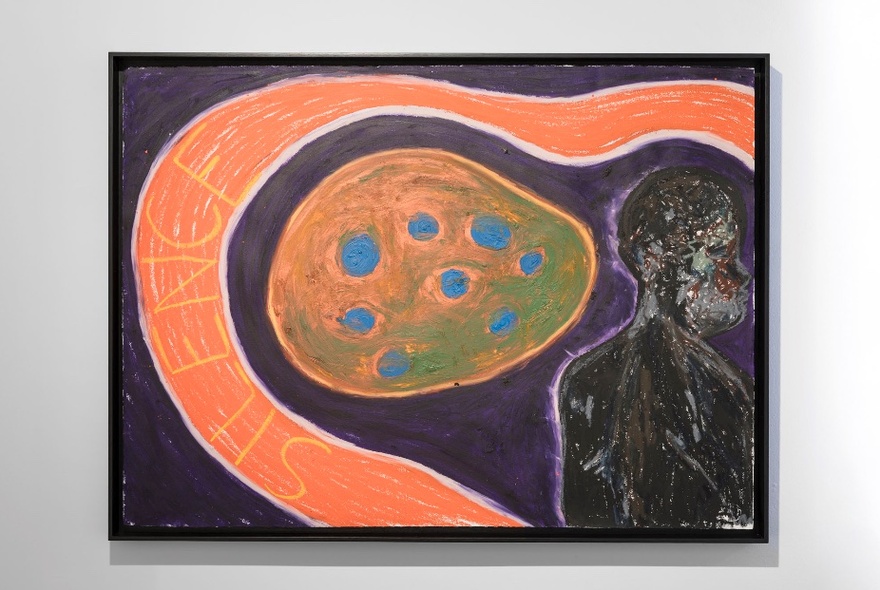 An oil painting of a dark figure, and a curved orange river, hanging on a white wall in a gallery.