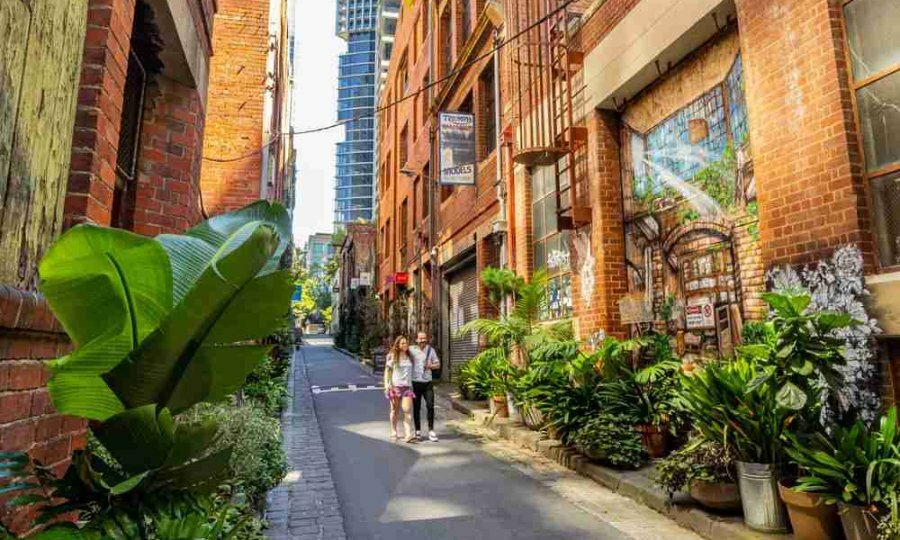 A couple walking down a plant-lined laneway