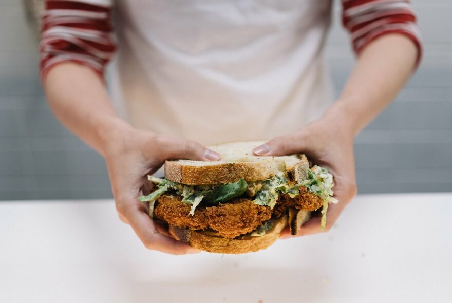 Person holding a large sandwich.