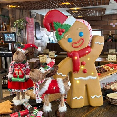 A large gingerbread man and various other Christmassy items.