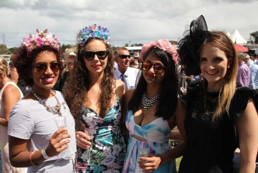 Four women dressed in race-day attire with floral and feathered headwear, at a spring horse racing carnival event.