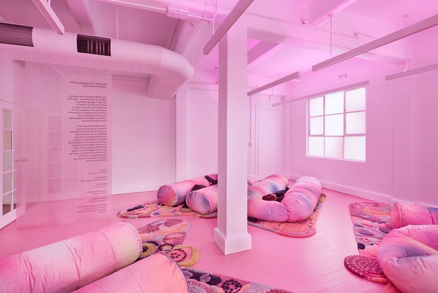 A room entirely in pink, including floors and furniture. 
