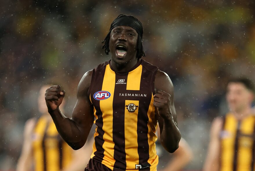 A Hawthorn football players pumps his fists and shouts during a match. 