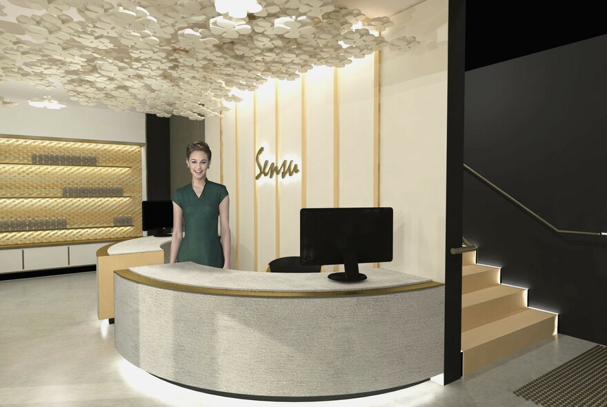 Receptionist waiting to greet visitors to Sensu Spa.