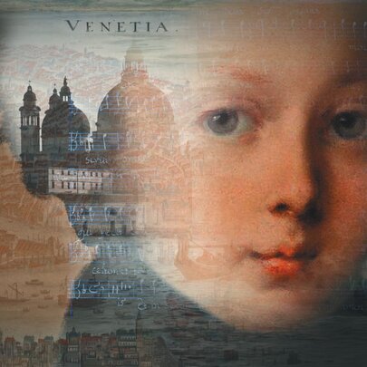 Portrait of Vivaldi with an inset map of Venice with silhouetted buildings.