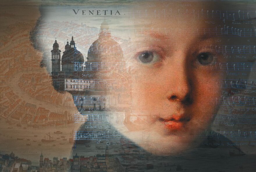 Portrait of Vivaldi with an inset map of Venice with silhouetted buildings.