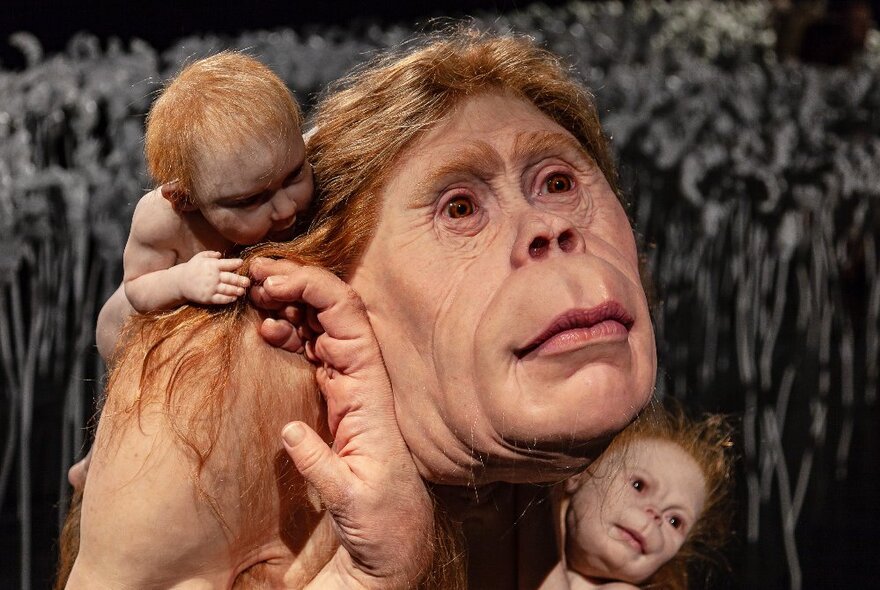 Patricia Piccinini artwork depicting human figures, large and small, entangled awkwardly. 