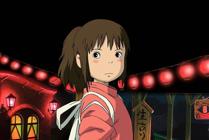 Studio Ghibli still of a girl with backpack standing in the dark with red lights