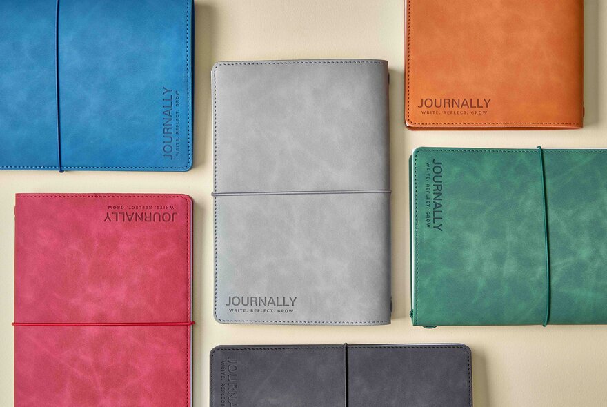 Rows of different coloured journals.