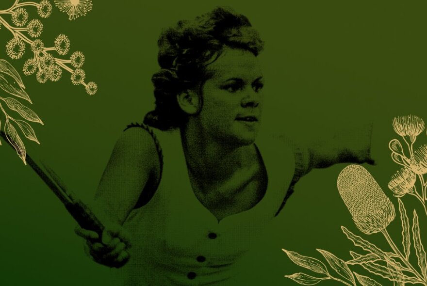 A dark green sheet bordered by Australian native plants with a black image of Evonne Goolagong Cawley. 