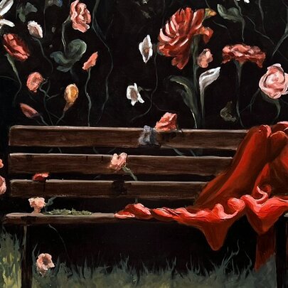 A richly coloured painting of a red piece of fabric draped on a wooden bench surrounded by single flowers. 