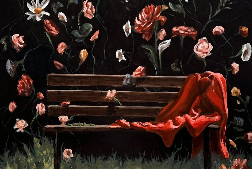 A richly coloured painting of a red piece of fabric draped on a wooden bench surrounded by single flowers. 