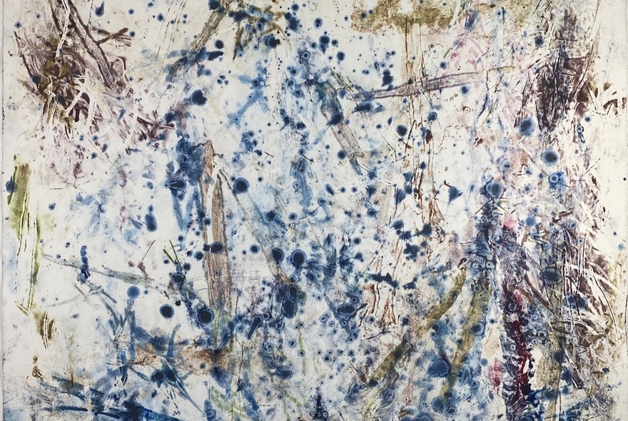 An abstract print depicting a natural scene with streaks and splotches of blue, white, and gold.