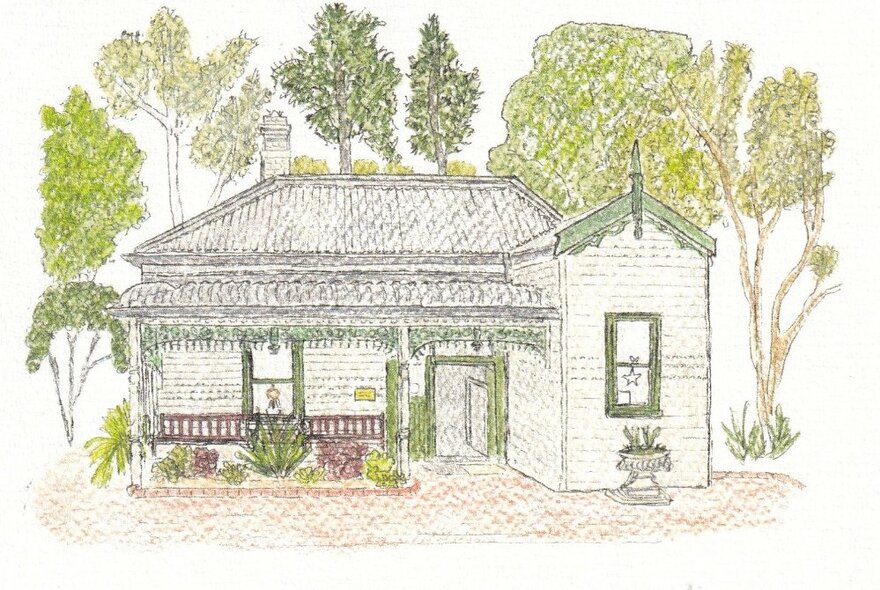 A watercolour sketch of the Plant Craft Cottage at the Royal Botanic Gardens in Melbourne.