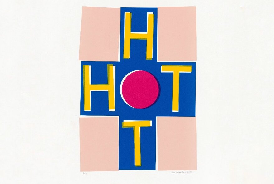A graphic artwork with a blue cross with the letters H and T on each arm and a hot pink spot in the middle; light pink background.