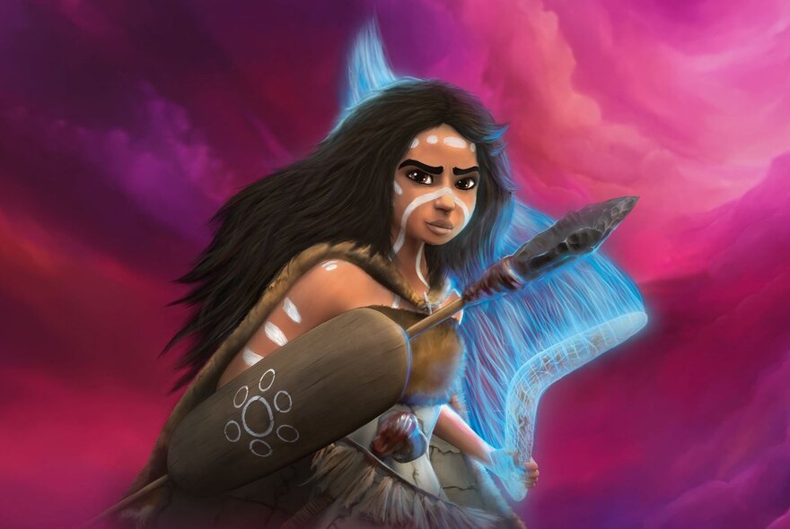 Indigenous storybook heroine carrying a spear and shield.