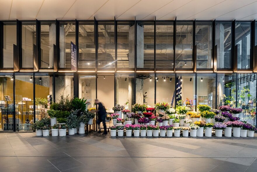 Exterior of flower shop with rows of buckets and displays of flowers against long line of windows in an indoor space.