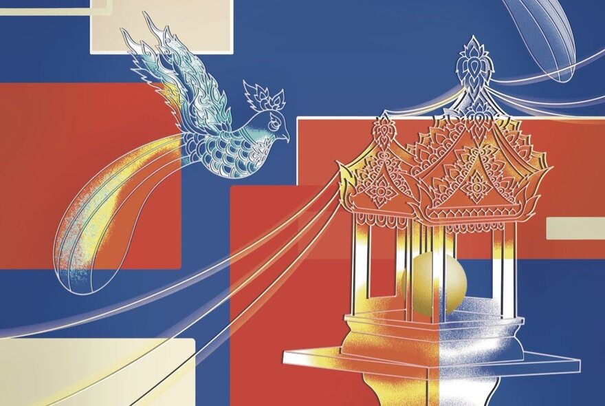 Artwork showing a Thai pagoda with a peacock flying near and blocks of solid colour in the background. 