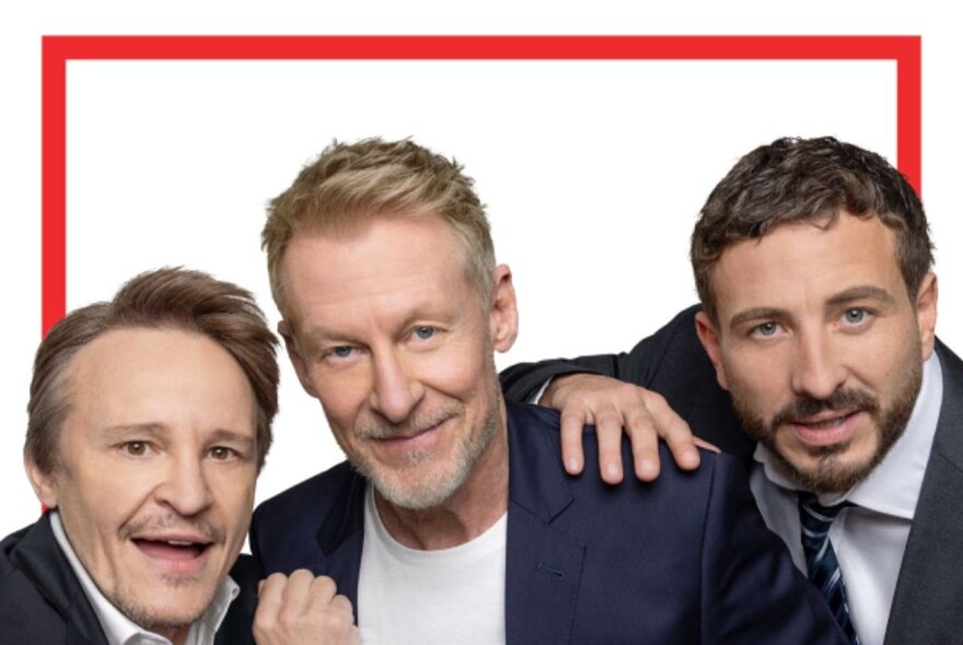 Three middle-aged male actors posed in a publicity shot for the play Art: Richard Roxburgh, Damon Herriman and Ryan Corr.