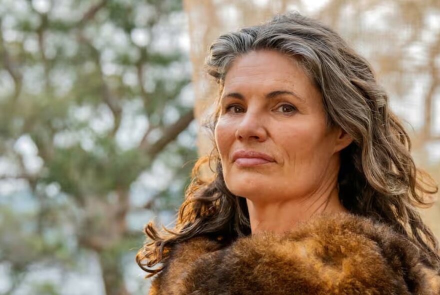 Gina Chick, a middle-aged woman wearing a fur cloak, her hair off her face, staring directly at the camera, outdoors.