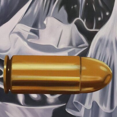 Neorealistic painting of a bullet in gold passing through black and white space.
