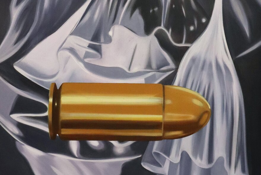 Neorealistic painting of a bullet in gold passing through black and white space.